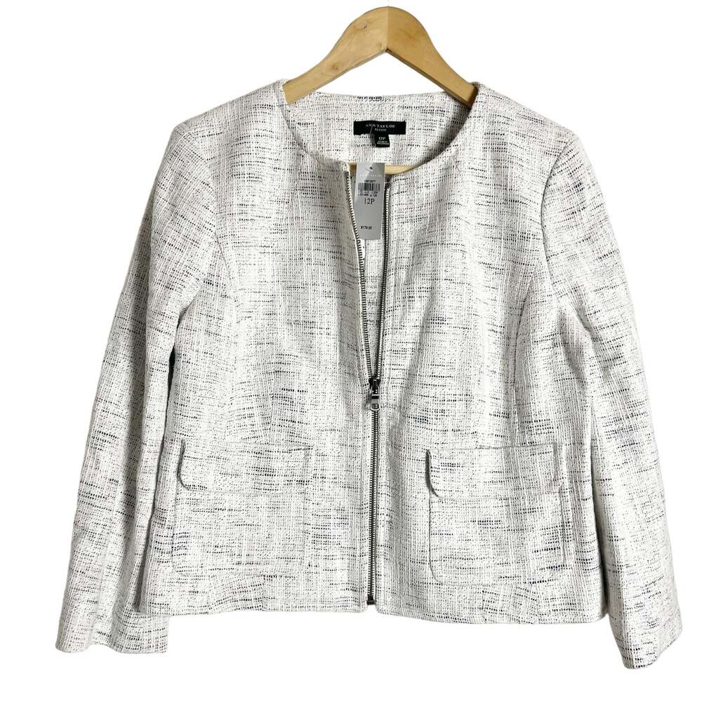 Ann Taylor White Gray Marled Tweed Zip Up Blazer Jacket Size 12 Petite